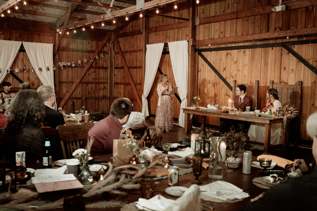 Toasts during wedding reception at Burlap and Bells in Black River Falls, WI