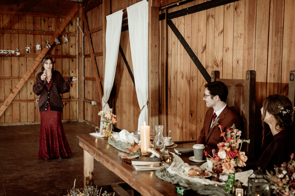 Toasts during wedding reception at Burlap and Bells in Black River Falls, WI