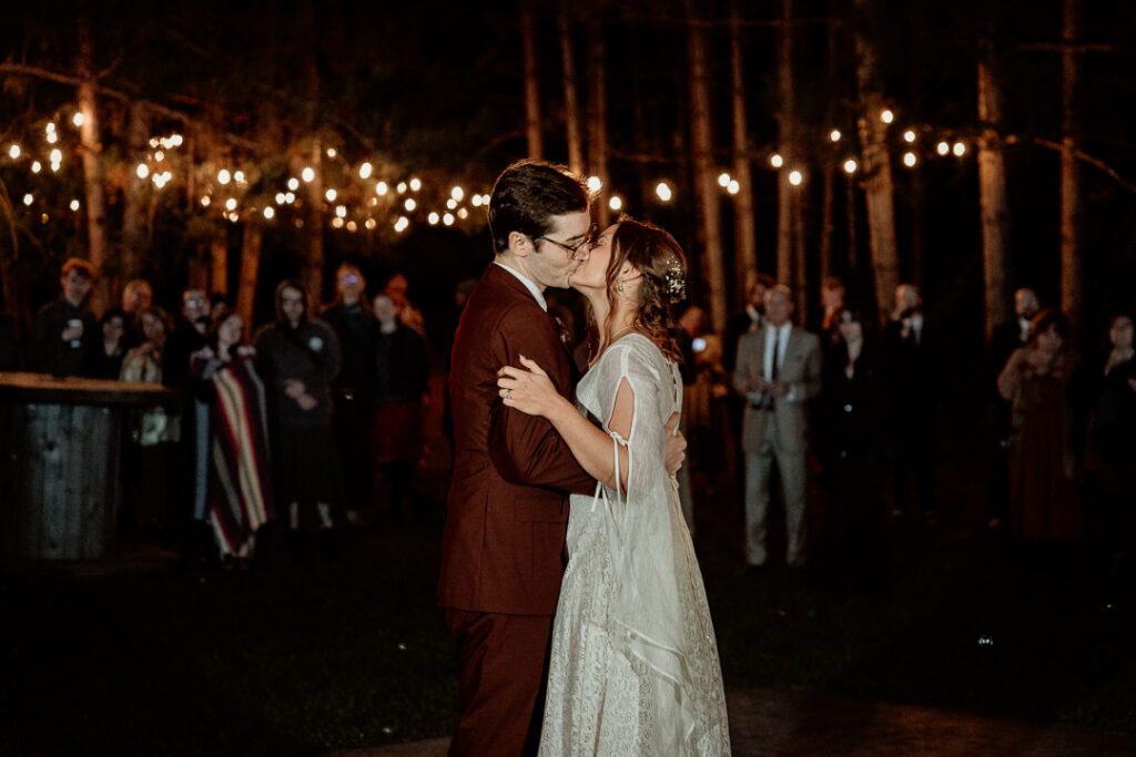 Dancing under the stars during wedding reception at Burlap and Bells in Black River Falls, WI