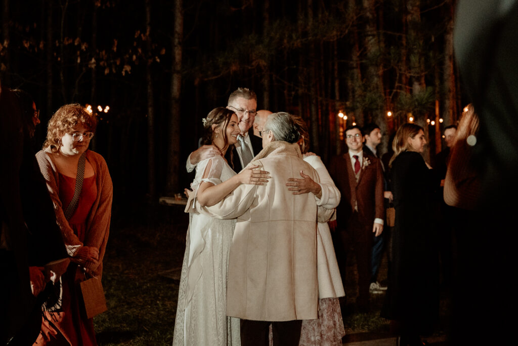 Dancing under the stars during wedding reception at Burlap and Bells in Black River Falls, WI
